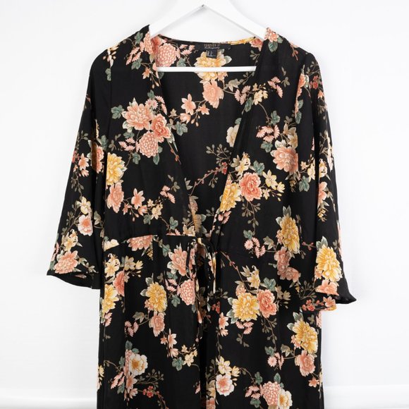 FOREVER 21 Contemporary black floral cardigan full length long kimono size S - Picture 9 of 10